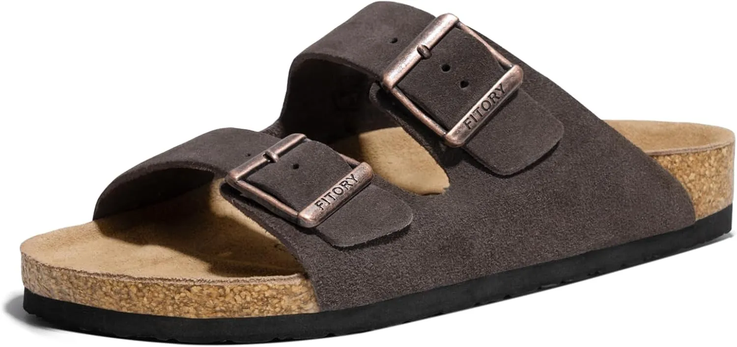 FITORY Mens Leather Sandals with Arch Support, Open Toe Slides Adjustable Buckles for Summer Size 7-13