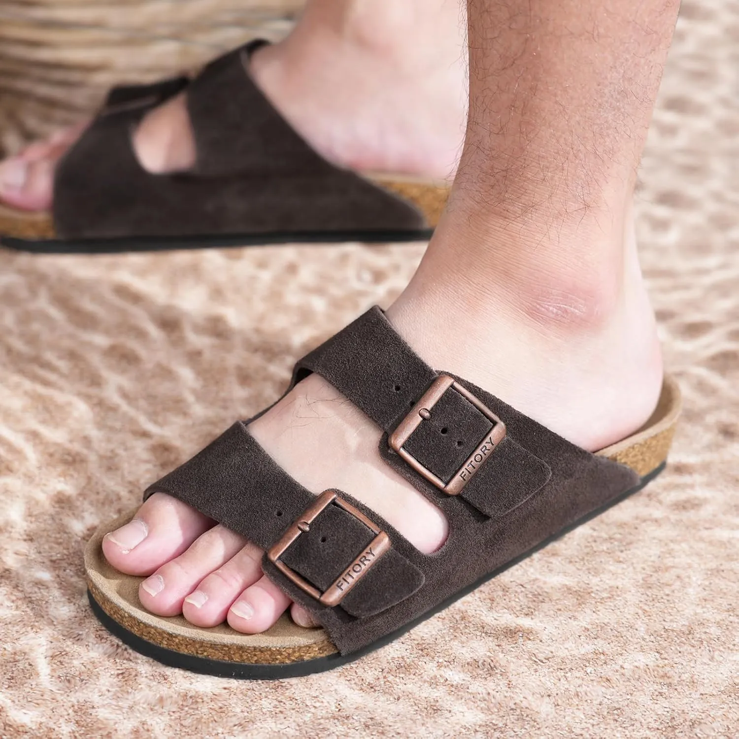 FITORY Mens Leather Sandals with Arch Support, Open Toe Slides Adjustable Buckles for Summer Size 7-13