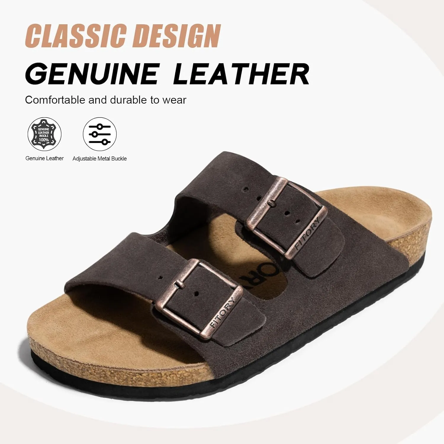 FITORY Mens Leather Sandals with Arch Support, Open Toe Slides Adjustable Buckles for Summer Size 7-13