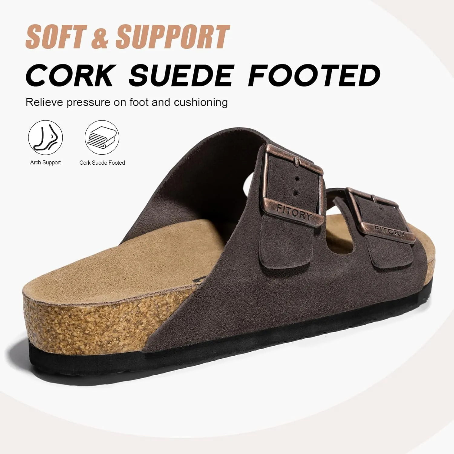 FITORY Mens Leather Sandals with Arch Support, Open Toe Slides Adjustable Buckles for Summer Size 7-13