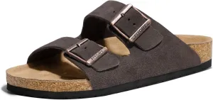 FITORY Mens Leather Sandals with Arch Support, Open Toe Slides Adjustable Buckles for Summer Size 7-13