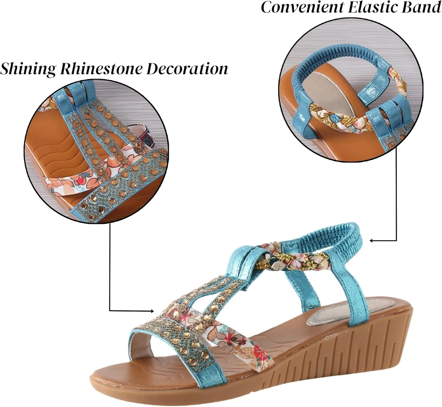 Flat Sandals for Women Dressy Rhinestone Ankle-Strap Summer Walking Sandals Arch Support Comfortable Open Toe Fashion Sandals