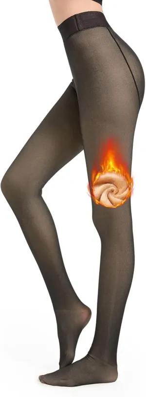 Fleece Lined Tights For Women Sheer Fake Translucent Winter Thermal Pantyhose Opaque Warm Thick High Waist Leggings
