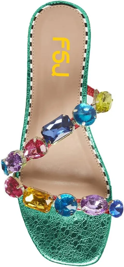 FSJ Women's Flat Jeweled Sandals Crystal with Rhinestone Slide Open Toe Casual Slip On Summer Beach Party Bridal Wedding Shoes Size 4-15 US