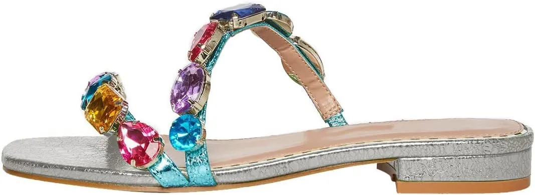 FSJ Women's Flat Jeweled Sandals Crystal with Rhinestone Slide Open Toe Casual Slip On Summer Beach Party Bridal Wedding Shoes Size 4-15 US