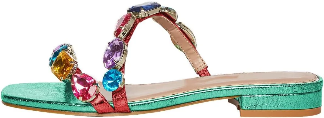 FSJ Women's Flat Jeweled Sandals Crystal with Rhinestone Slide Open Toe Casual Slip On Summer Beach Party Bridal Wedding Shoes Size 4-15 US