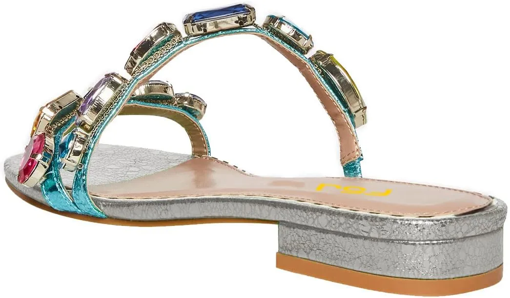 FSJ Women's Flat Jeweled Sandals Crystal with Rhinestone Slide Open Toe Casual Slip On Summer Beach Party Bridal Wedding Shoes Size 4-15 US