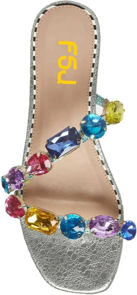 FSJ Women's Flat Jeweled Sandals Crystal with Rhinestone Slide Open Toe Casual Slip On Summer Beach Party Bridal Wedding Shoes Size 4-15 US