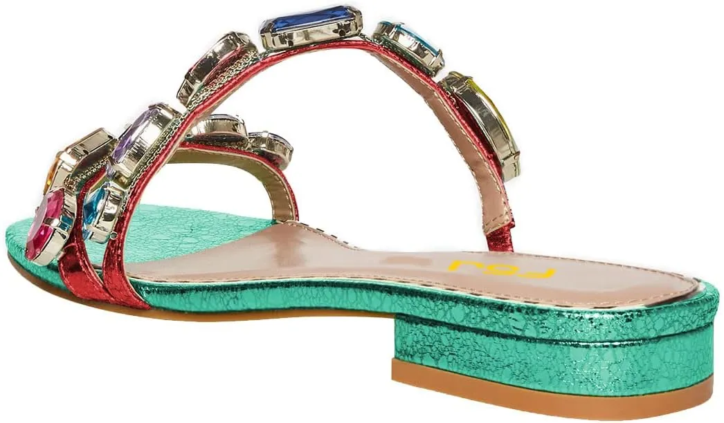 FSJ Women's Flat Jeweled Sandals Crystal with Rhinestone Slide Open Toe Casual Slip On Summer Beach Party Bridal Wedding Shoes Size 4-15 US