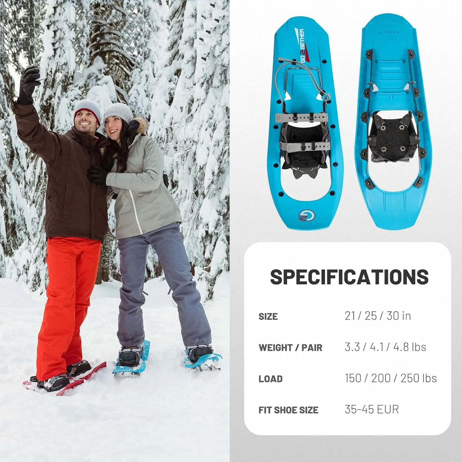 G2 23/25/30 Inch Mountain Terrain Snowshoes with Trekking Poles Set, Special Steel Traction Rails, EVA Foam Padded, Flexible Pivot Bar, Tote Bag, Grey/Blue/Red Available