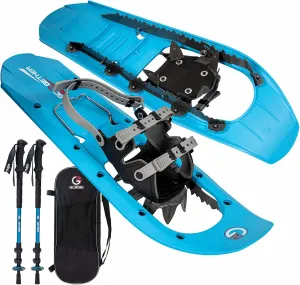 G2 23/25/30 Inch Mountain Terrain Snowshoes with Trekking Poles Set, Special Steel Traction Rails, EVA Foam Padded, Flexible Pivot Bar, Tote Bag, Grey/Blue/Red Available