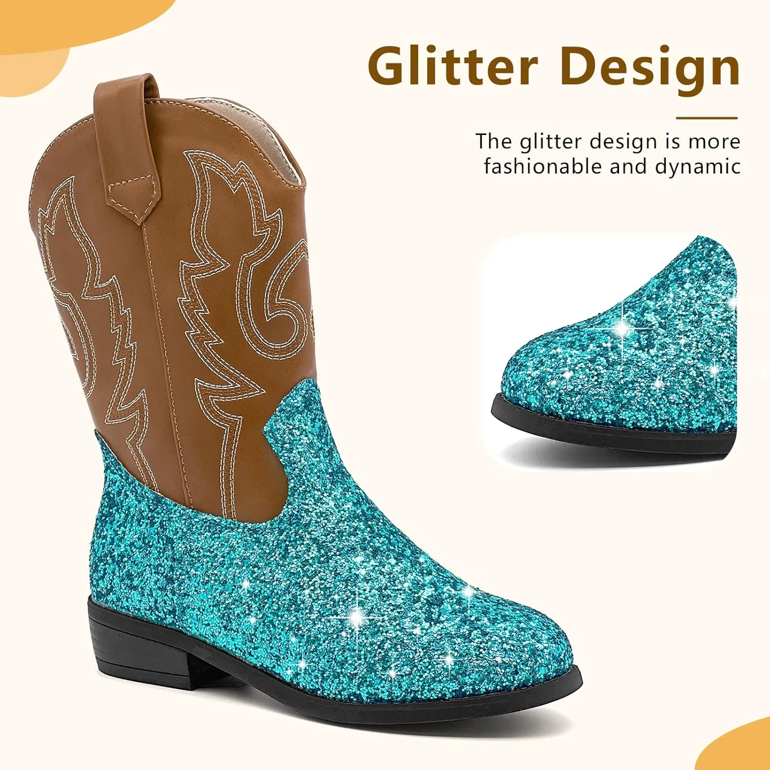 Girls Cowboy Boots Kids Embroidered Square Toe Mid Calf Glitter Western Cowgirl Boot Side Zipper Shoes