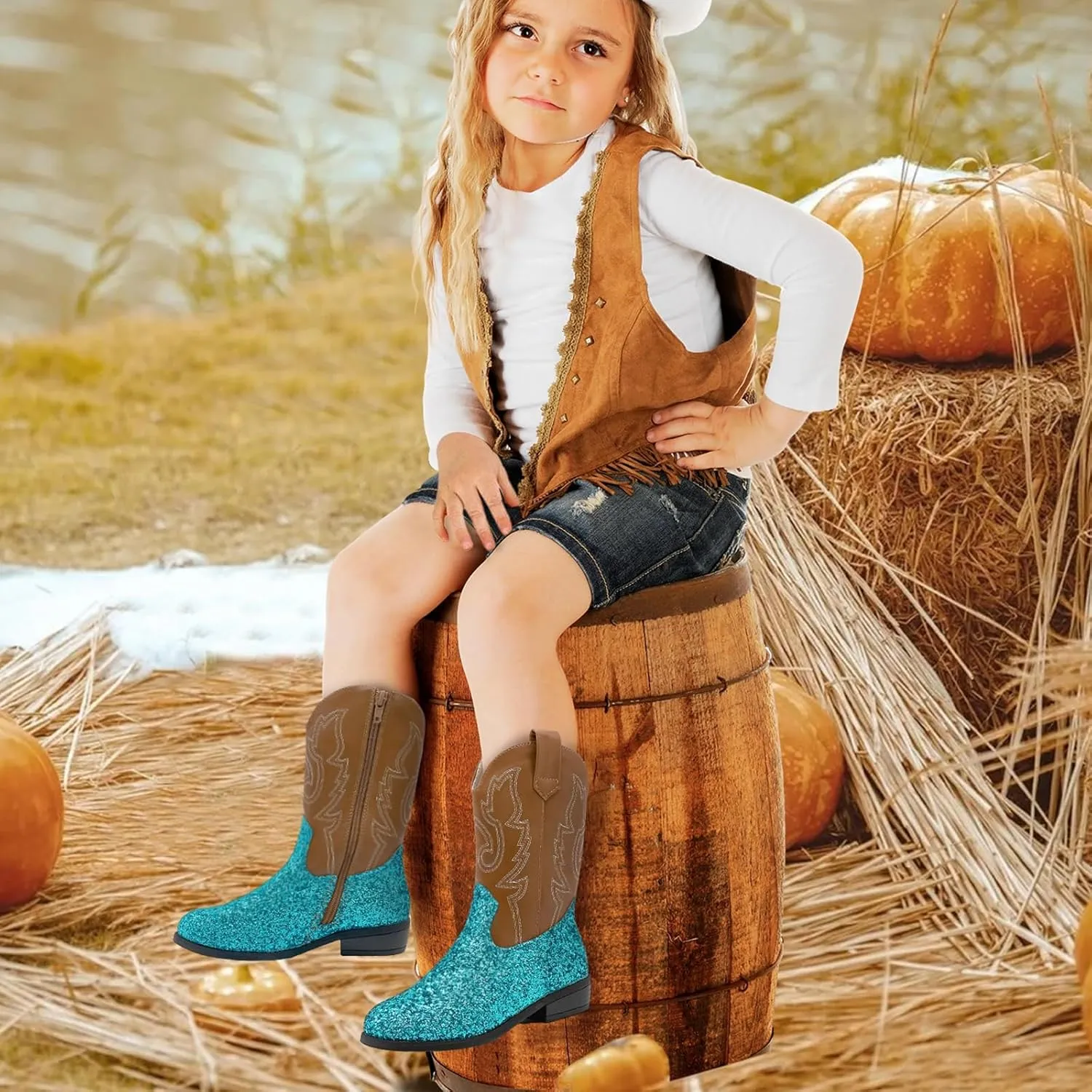 Girls Cowboy Boots Kids Embroidered Square Toe Mid Calf Glitter Western Cowgirl Boot Side Zipper Shoes