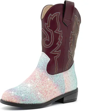 Girls Cowboy Boots Kids Embroidered Square Toe Mid Calf Glitter Western Cowgirl Boot Side Zipper Shoes