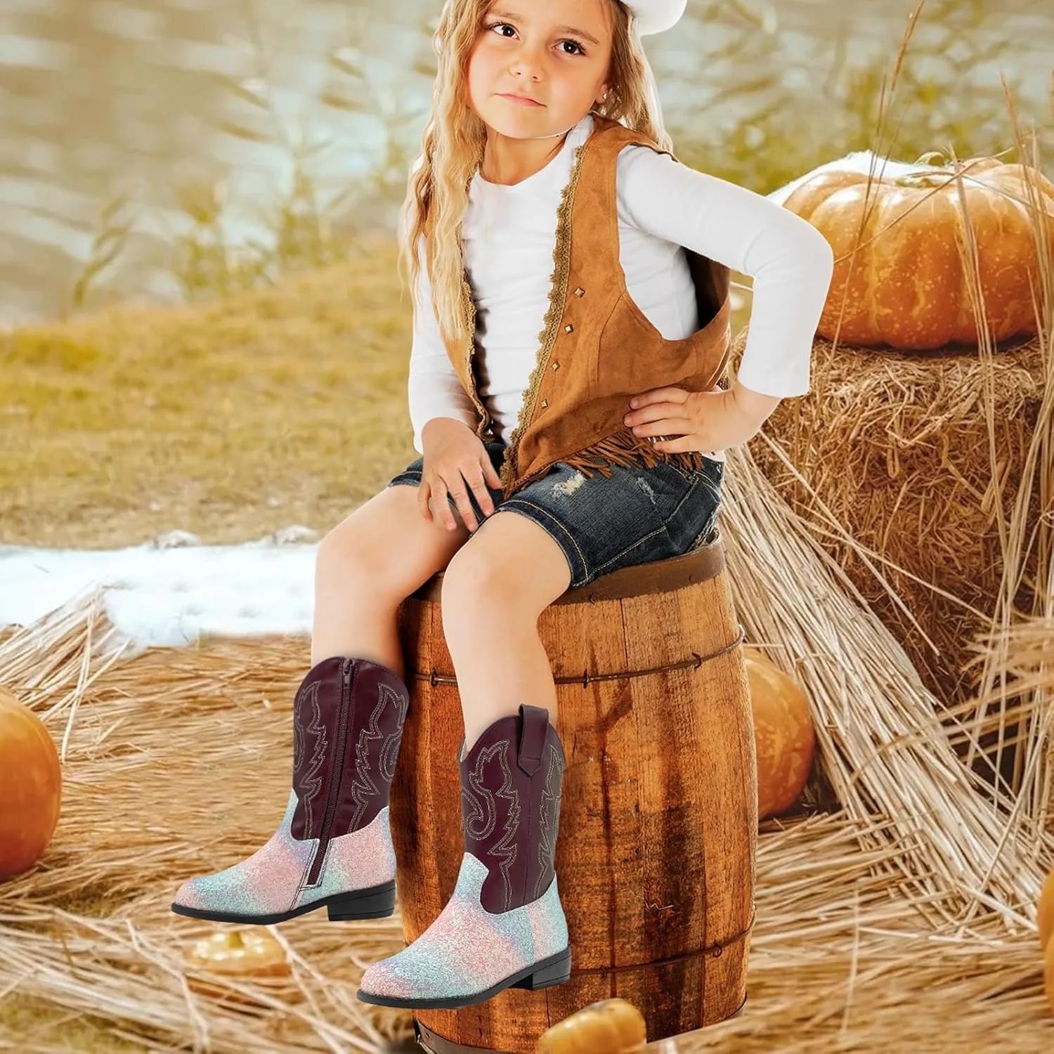 Girls Cowboy Boots Kids Embroidered Square Toe Mid Calf Glitter Western Cowgirl Boot Side Zipper Shoes