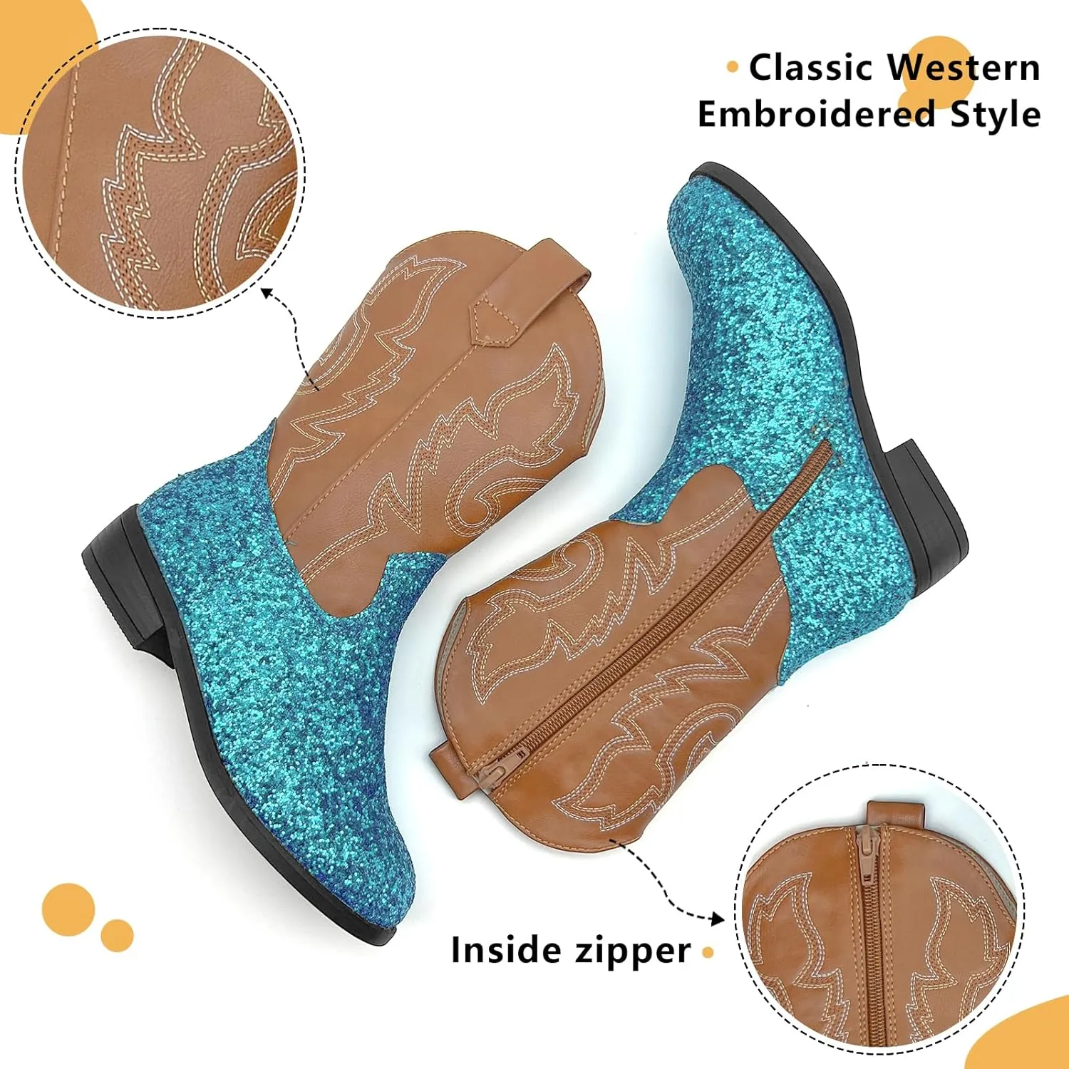 Girls Cowboy Boots Kids Embroidered Square Toe Mid Calf Glitter Western Cowgirl Boot Side Zipper Shoes