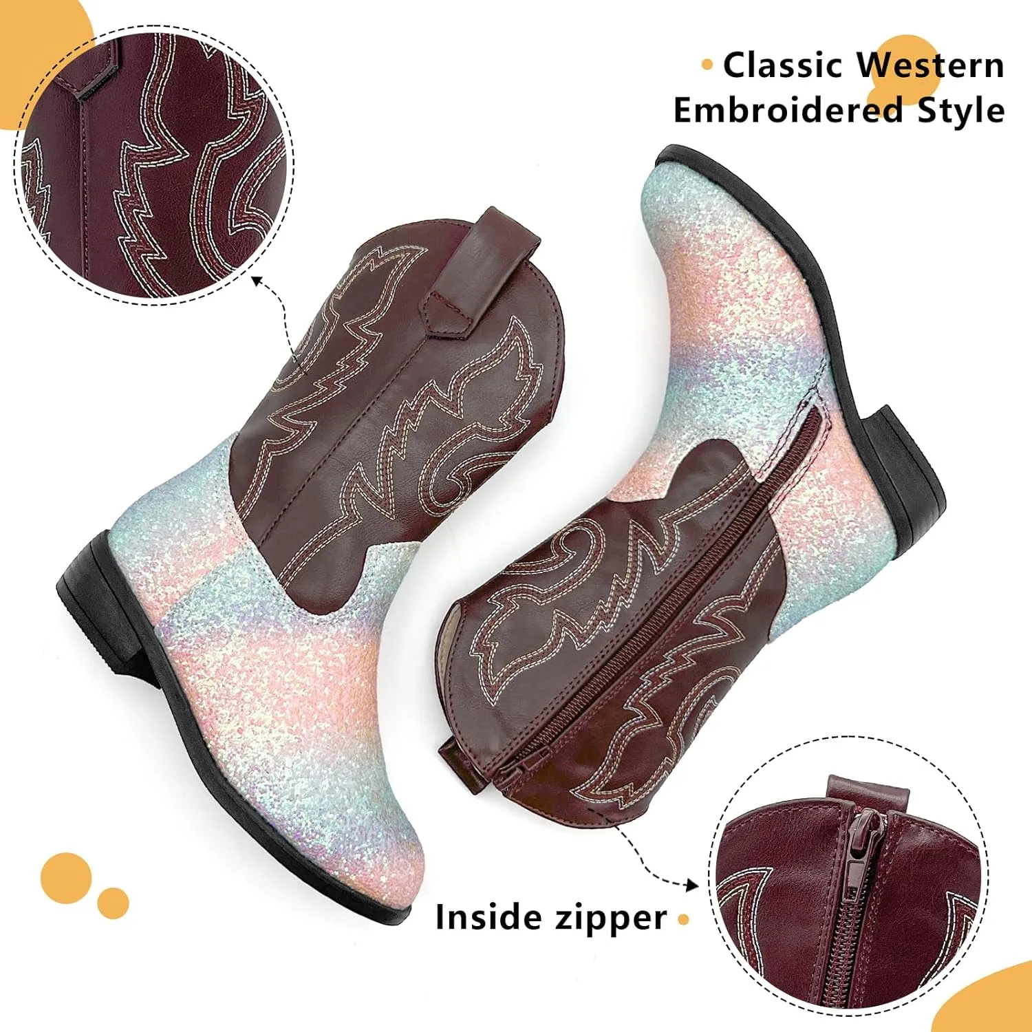 Girls Cowboy Boots Kids Embroidered Square Toe Mid Calf Glitter Western Cowgirl Boot Side Zipper Shoes