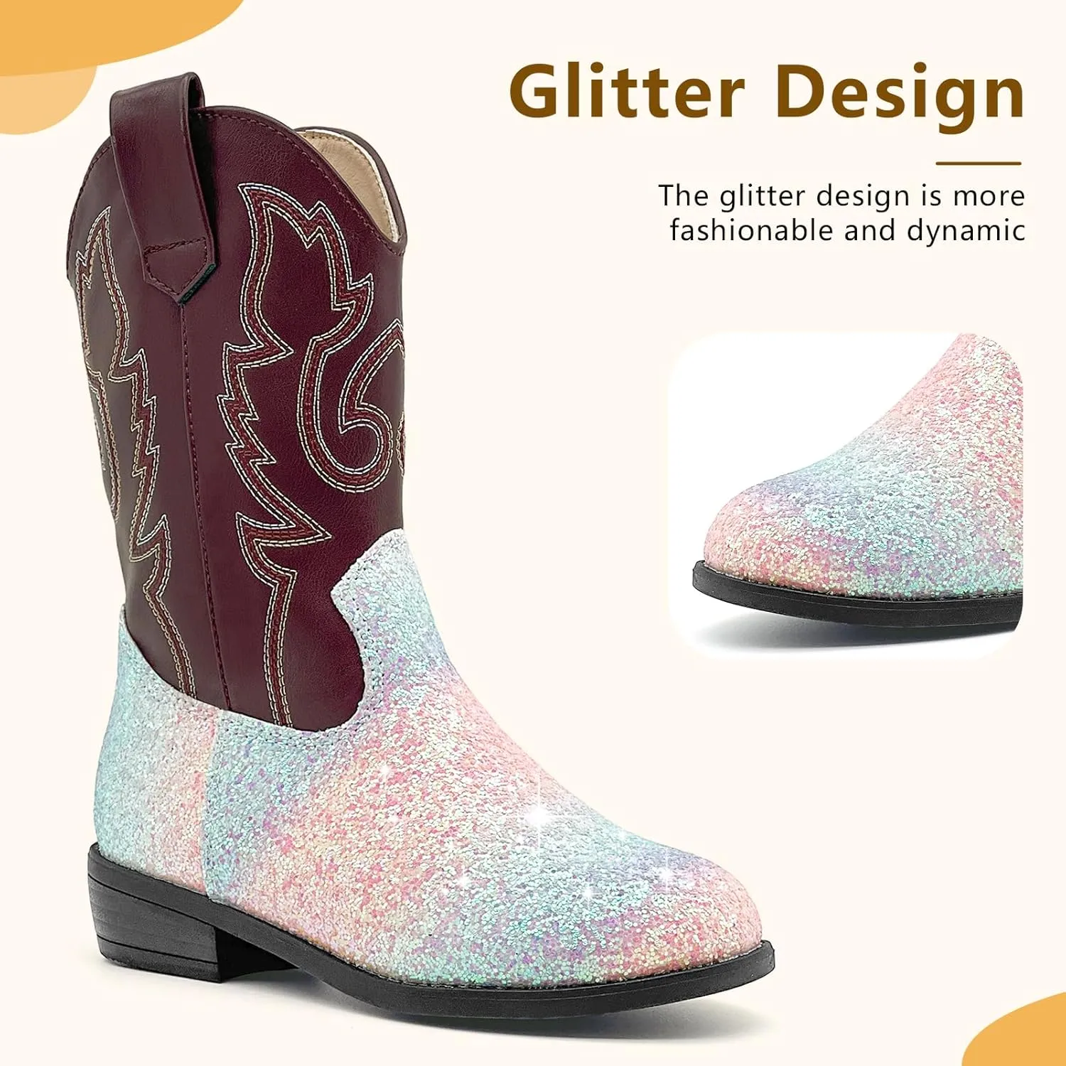 Girls Cowboy Boots Kids Embroidered Square Toe Mid Calf Glitter Western Cowgirl Boot Side Zipper Shoes