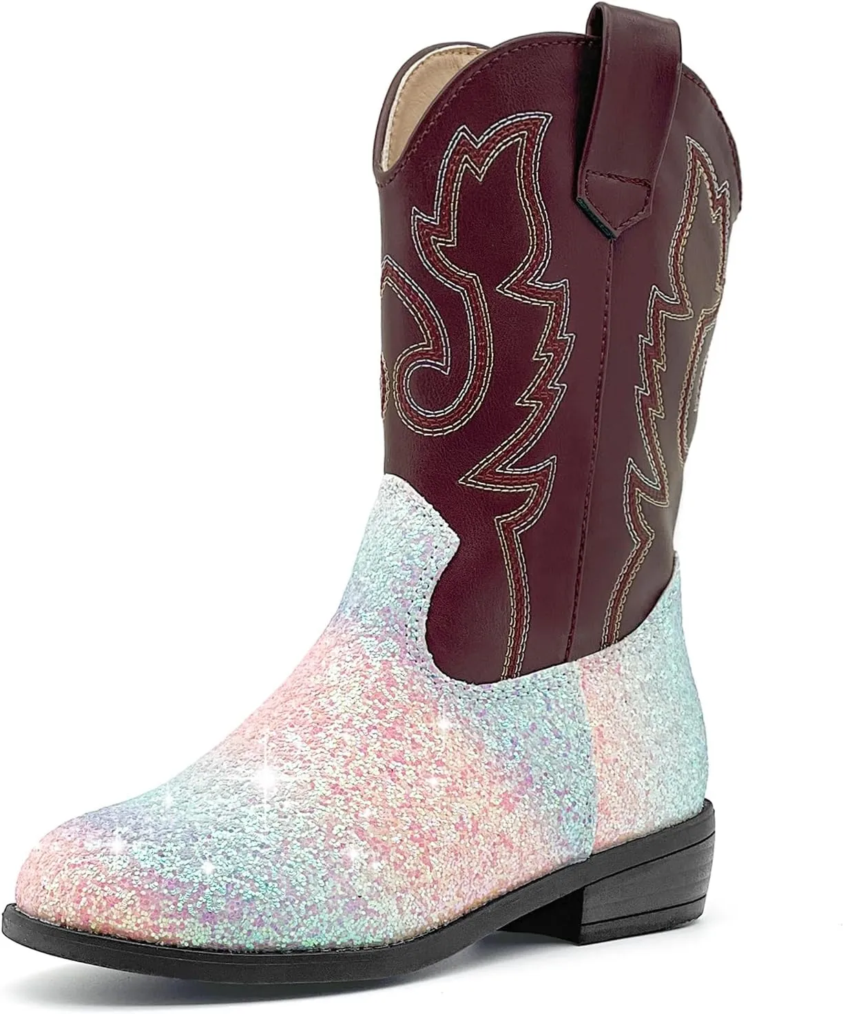 Girls Cowboy Boots Kids Embroidered Square Toe Mid Calf Glitter Western Cowgirl Boot Side Zipper Shoes