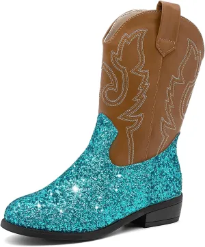 Girls Cowboy Boots Kids Embroidered Square Toe Mid Calf Glitter Western Cowgirl Boot Side Zipper Shoes