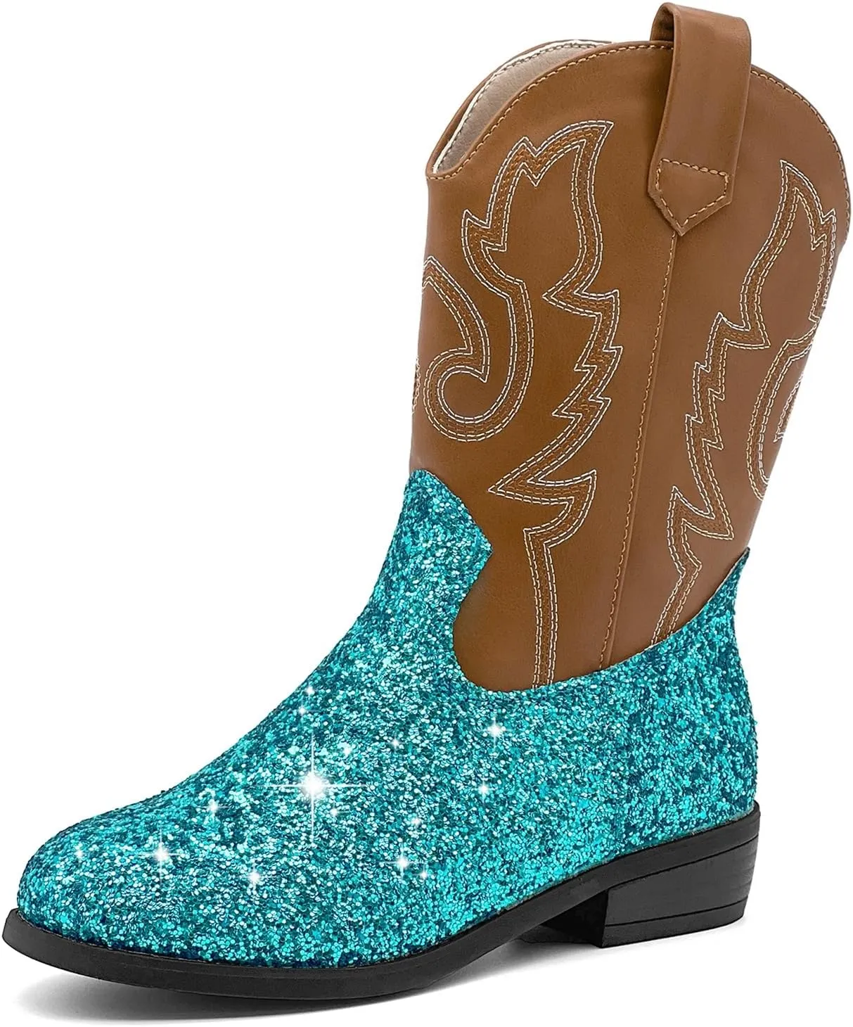 Girls Cowboy Boots Kids Embroidered Square Toe Mid Calf Glitter Western Cowgirl Boot Side Zipper Shoes