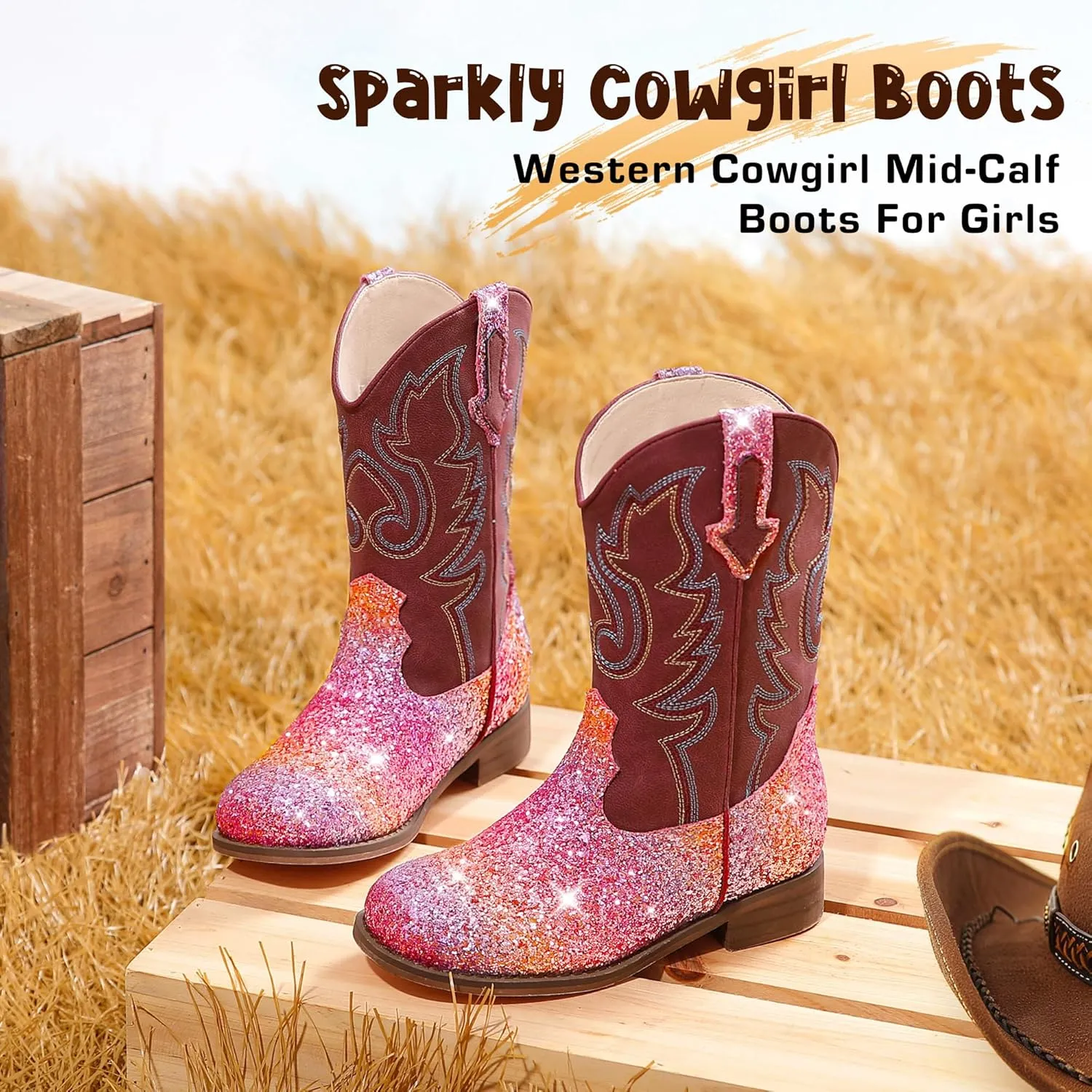 Girls Cowgirl Boots Unisex-Child Mid Calf Glitter Toddler Cowboy Boot Little Big Kids Western Riding Shoes