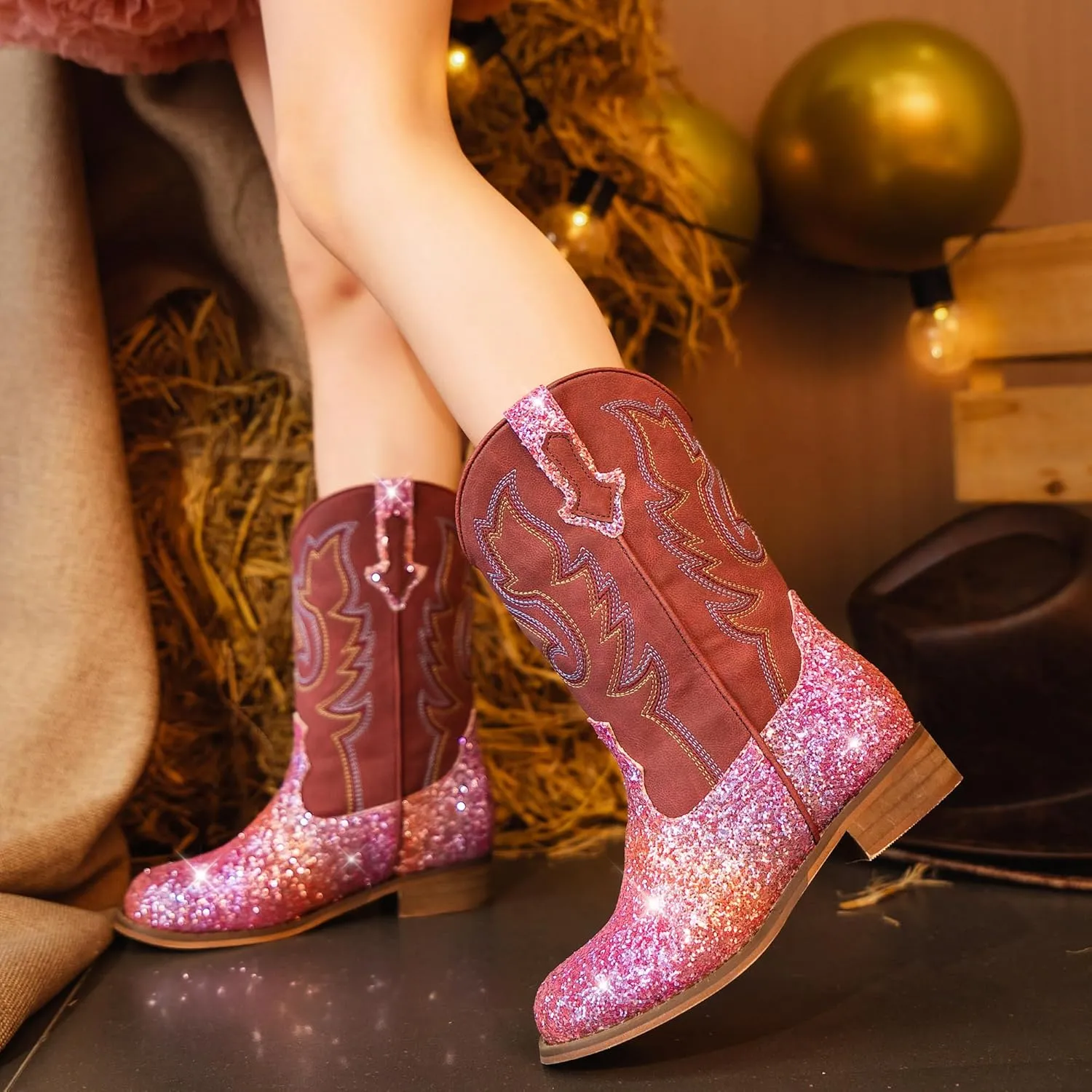 Girls Cowgirl Boots Unisex-Child Mid Calf Glitter Toddler Cowboy Boot Little Big Kids Western Riding Shoes