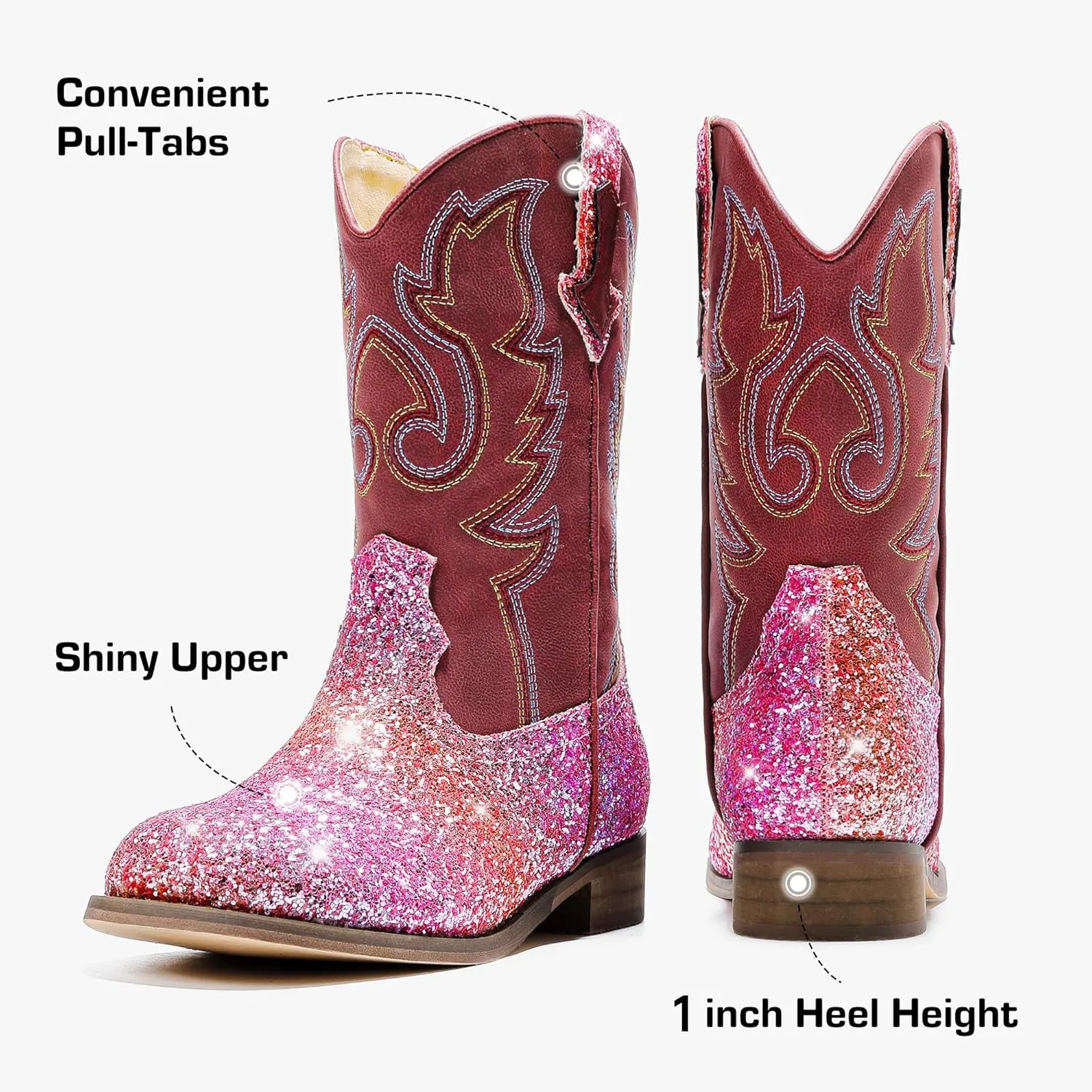 Girls Cowgirl Boots Unisex-Child Mid Calf Glitter Toddler Cowboy Boot Little Big Kids Western Riding Shoes