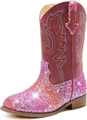 Girls Cowgirl Boots Unisex-Child Mid Calf Glitter Toddler Cowboy Boot Little Big Kids Western Riding Shoes