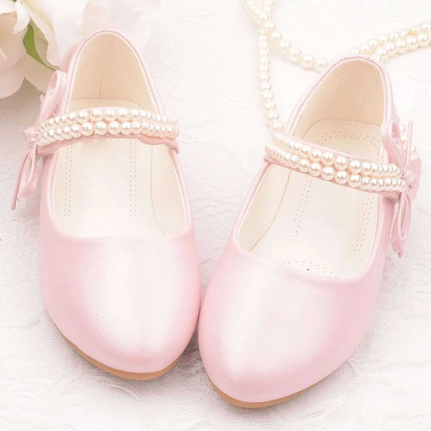 Girls Dress Shoes Mary Jane Shoes Toddler Girls Low Heel Ankle Strap Pearl Dress Shoes for School Wedding Party