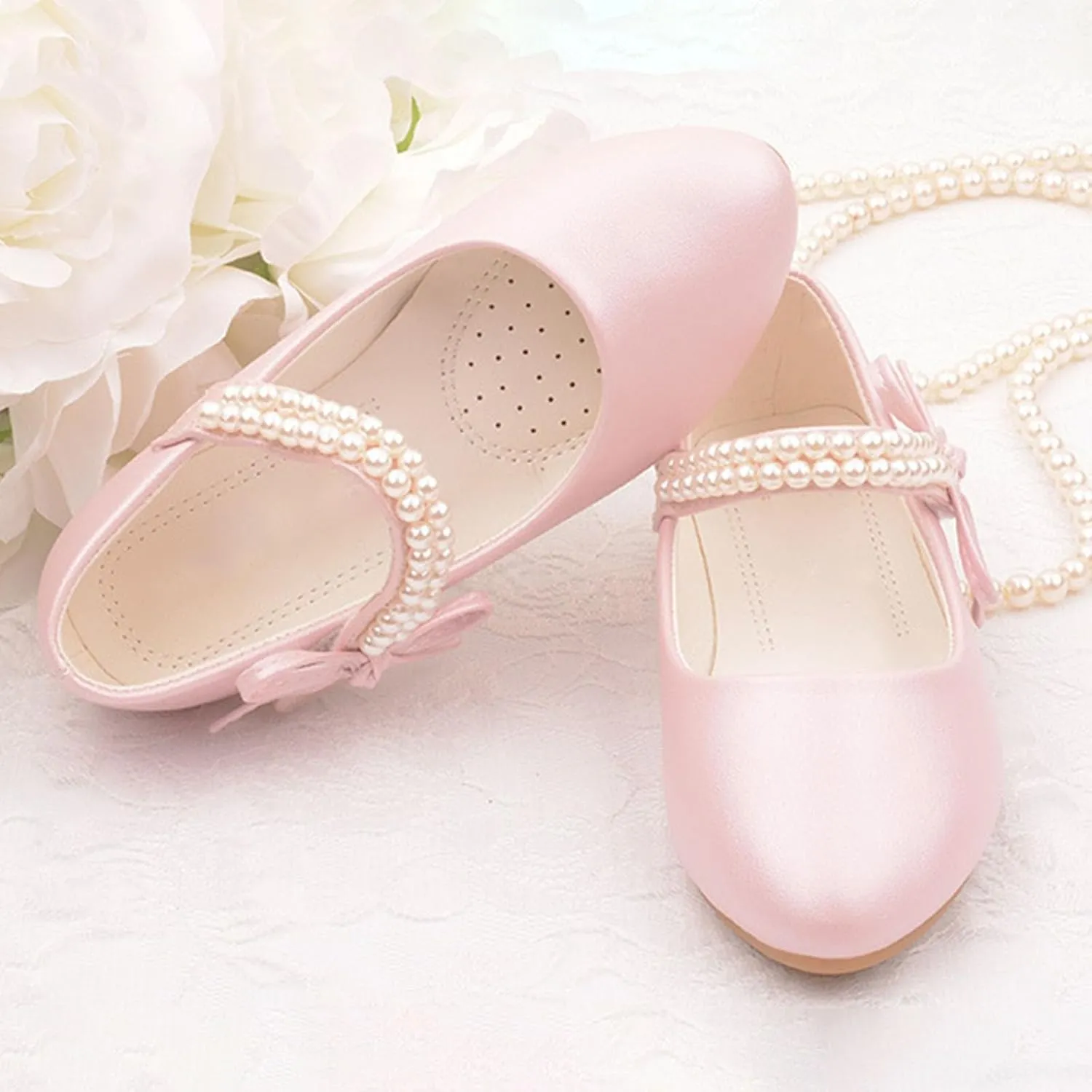 Girls Dress Shoes Mary Jane Shoes Toddler Girls Low Heel Ankle Strap Pearl Dress Shoes for School Wedding Party