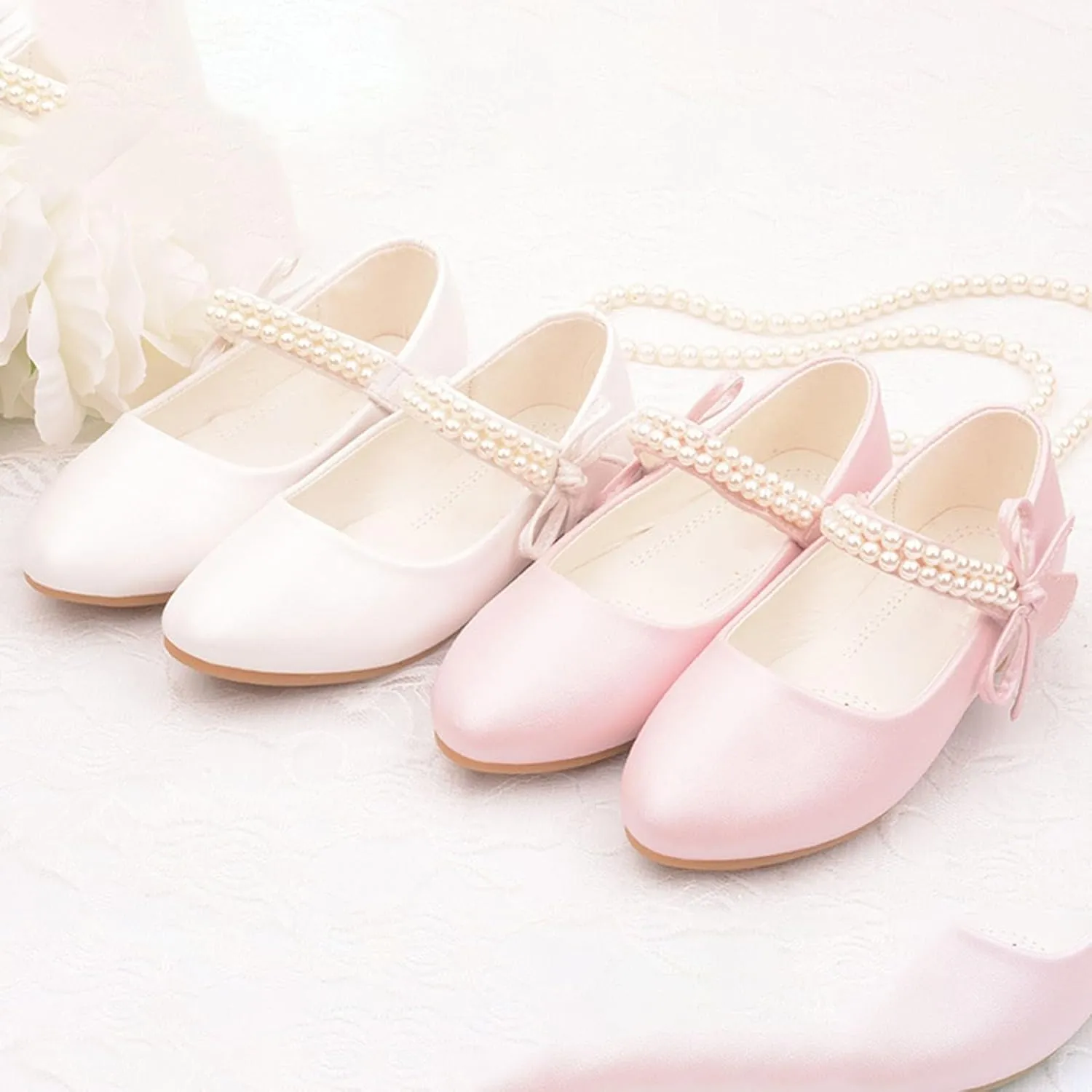 Girls Dress Shoes Mary Jane Shoes Toddler Girls Low Heel Ankle Strap Pearl Dress Shoes for School Wedding Party