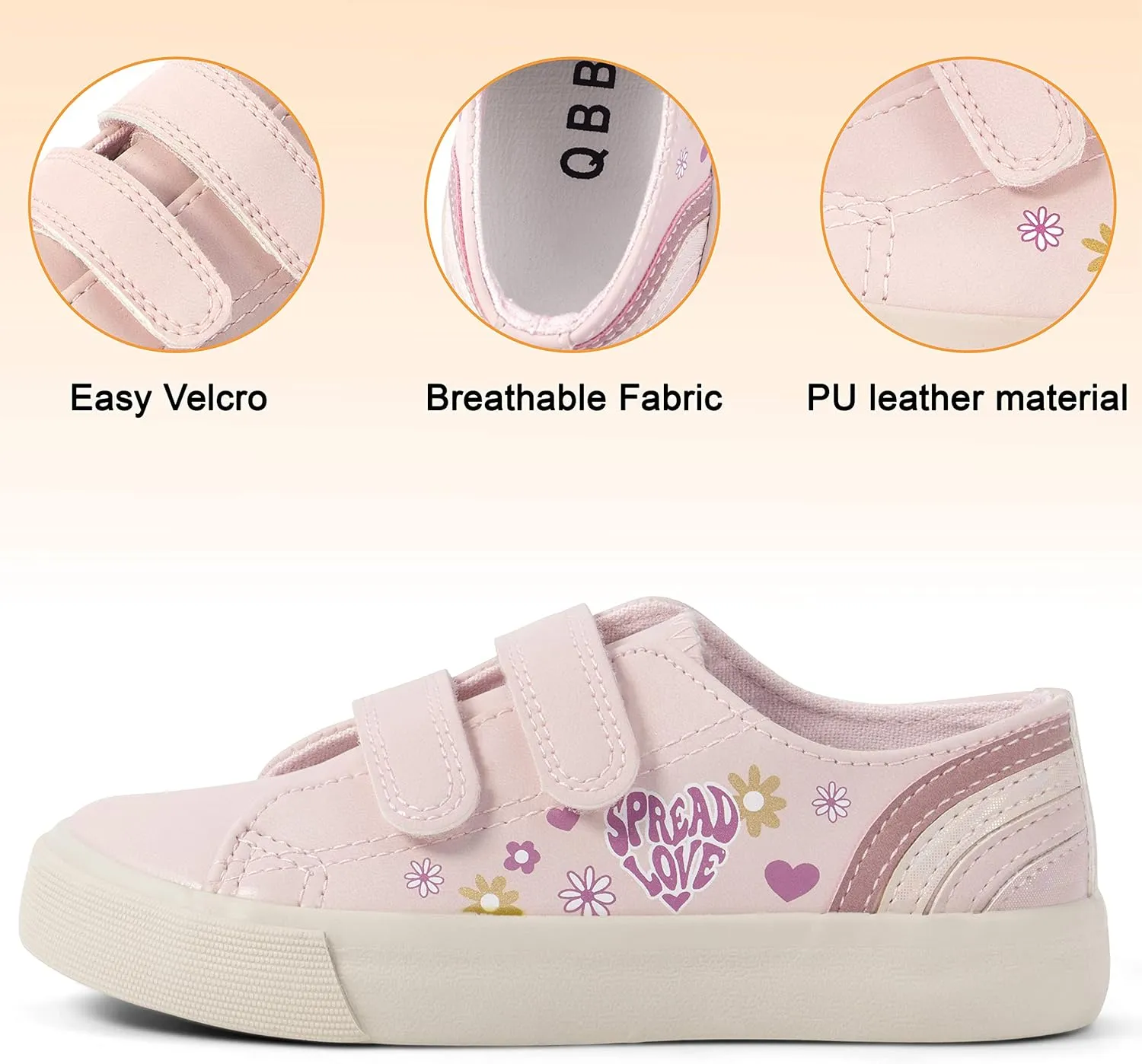 Girls Fashion Sneakers Adjustable Vegan Leather Anti-Slip Walking Shoes for Little Girl Comfortable Cute Pink Soft Kid Shoes
