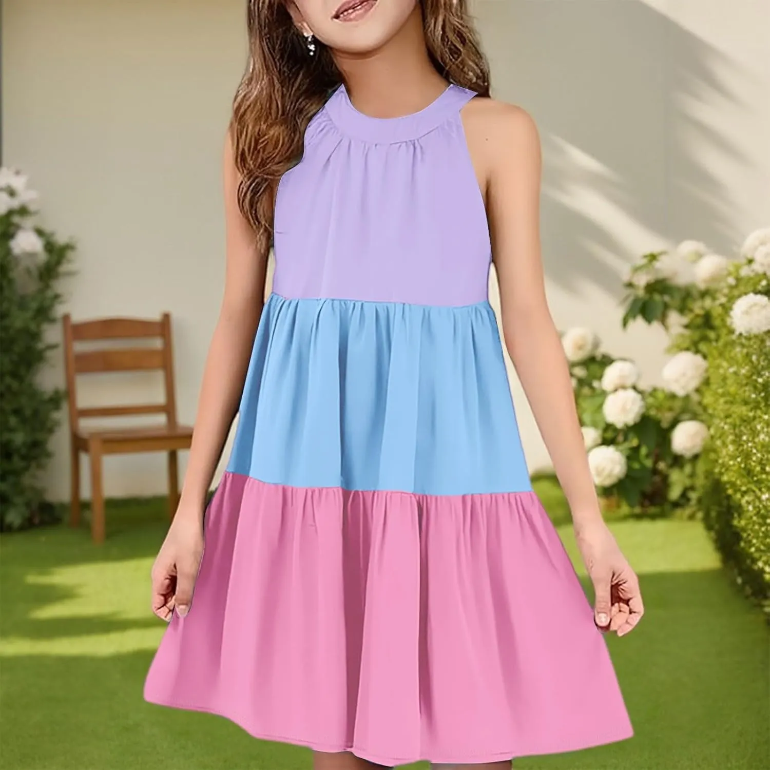 Girls' Sleeveless Color Block Dress Summer Casual Tiered Sundress for Kids Lightweight and Breathable