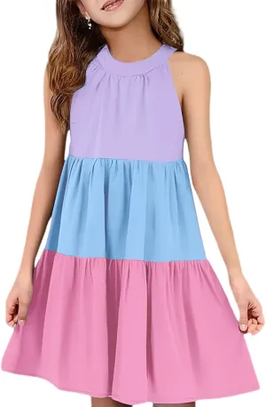 Girls' Sleeveless Color Block Dress Summer Casual Tiered Sundress for Kids Lightweight and Breathable
