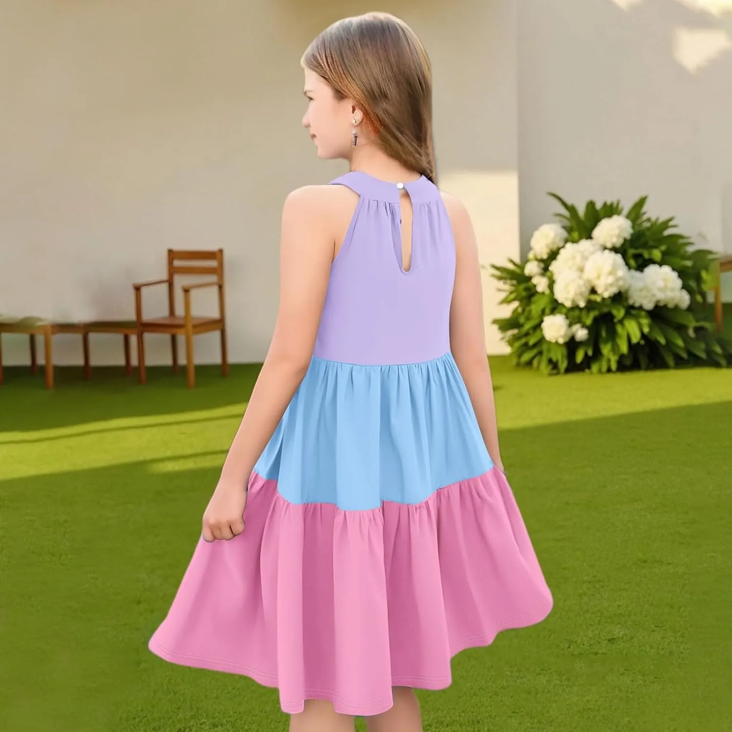 Girls' Sleeveless Color Block Dress Summer Casual Tiered Sundress for Kids Lightweight and Breathable