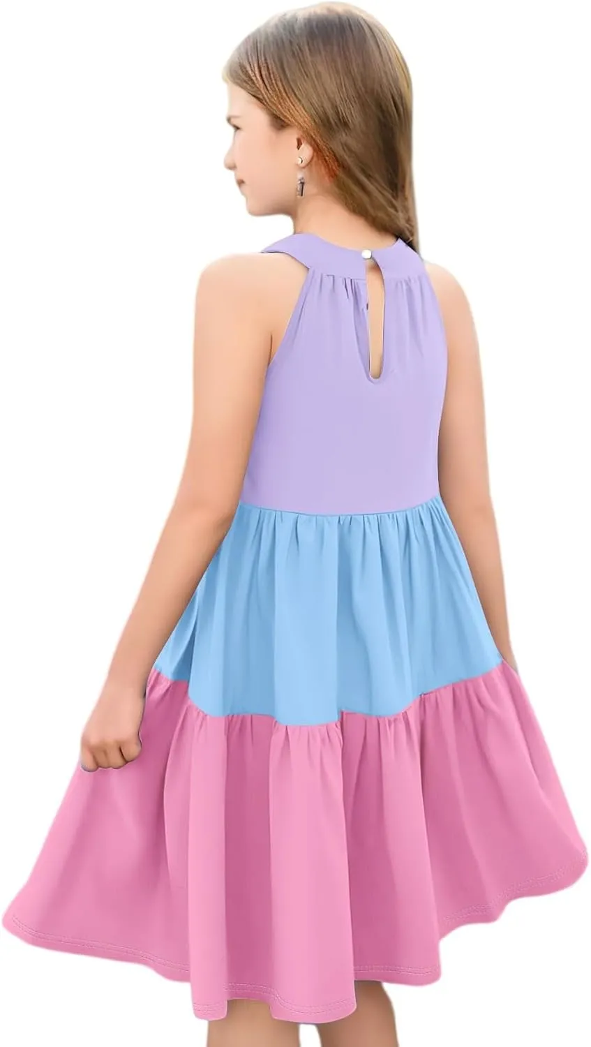 Girls' Sleeveless Color Block Dress Summer Casual Tiered Sundress for Kids Lightweight and Breathable