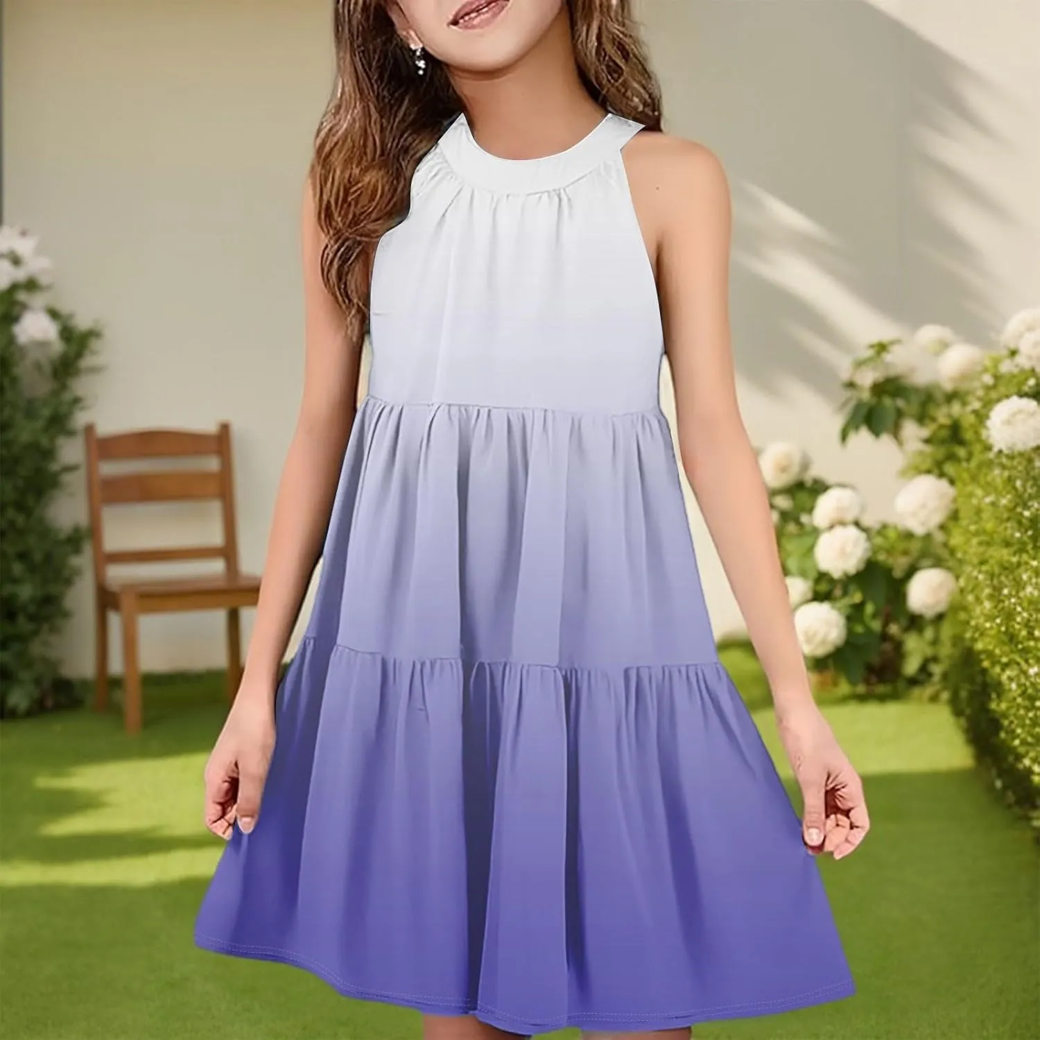 Girls' Sleeveless Color Block Dress Summer Casual Tiered Sundress for Kids Lightweight and Breathable