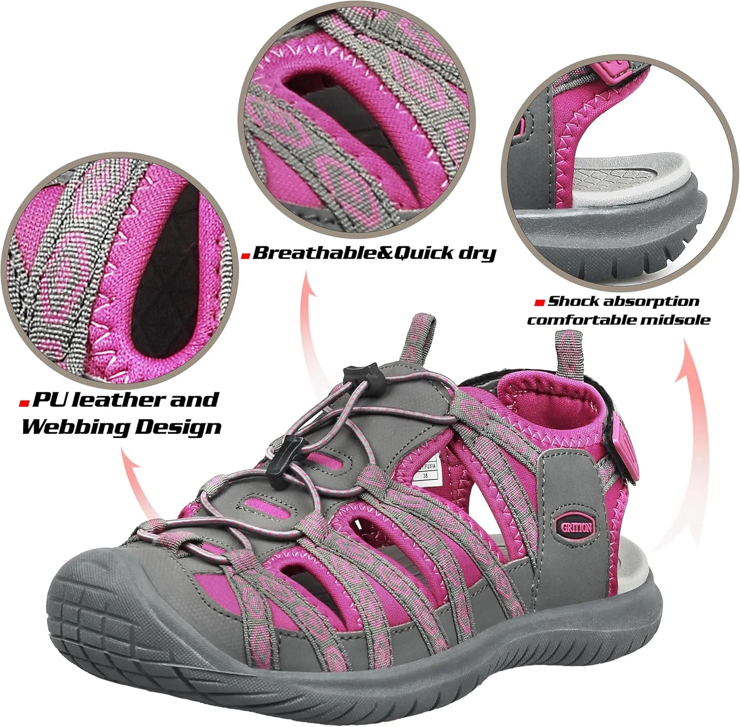 GRITION Hiking Sandals Women Closed Toe, Waterproof Lightweight Adjustable Hiking Athletic Sandals, Breathable For Beach Summer Adventure Comfortable Outdoor Sport