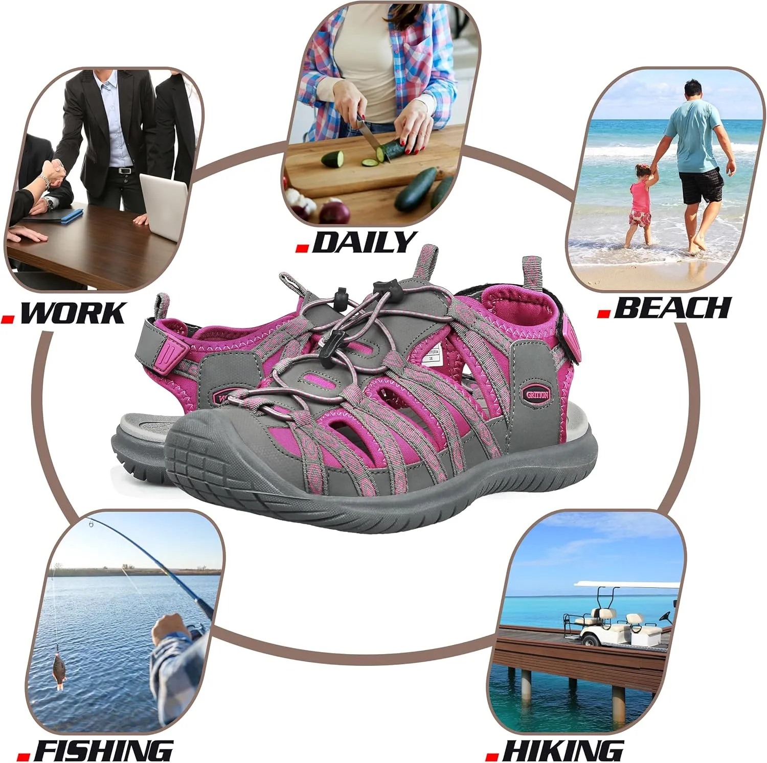 GRITION Hiking Sandals Women Closed Toe, Waterproof Lightweight Adjustable Hiking Athletic Sandals, Breathable For Beach Summer Adventure Comfortable Outdoor Sport
