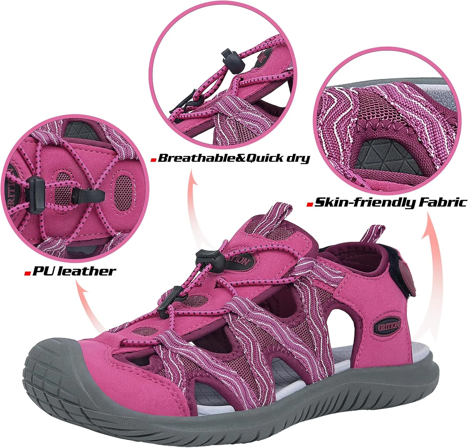 GRITION Hiking Sandals Women Closed Toe, Waterproof Lightweight Adjustable Hiking Athletic Sandals, Breathable For Beach Summer Adventure Comfortable Outdoor Sport