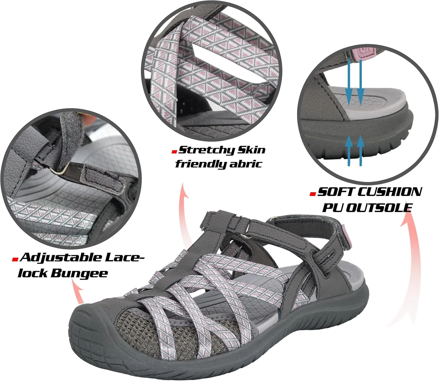 GRITION Hiking Sandals Women Closed Toe, Waterproof Lightweight Adjustable Hiking Athletic Sandals, Breathable For Beach Summer Adventure Comfortable Outdoor Sport