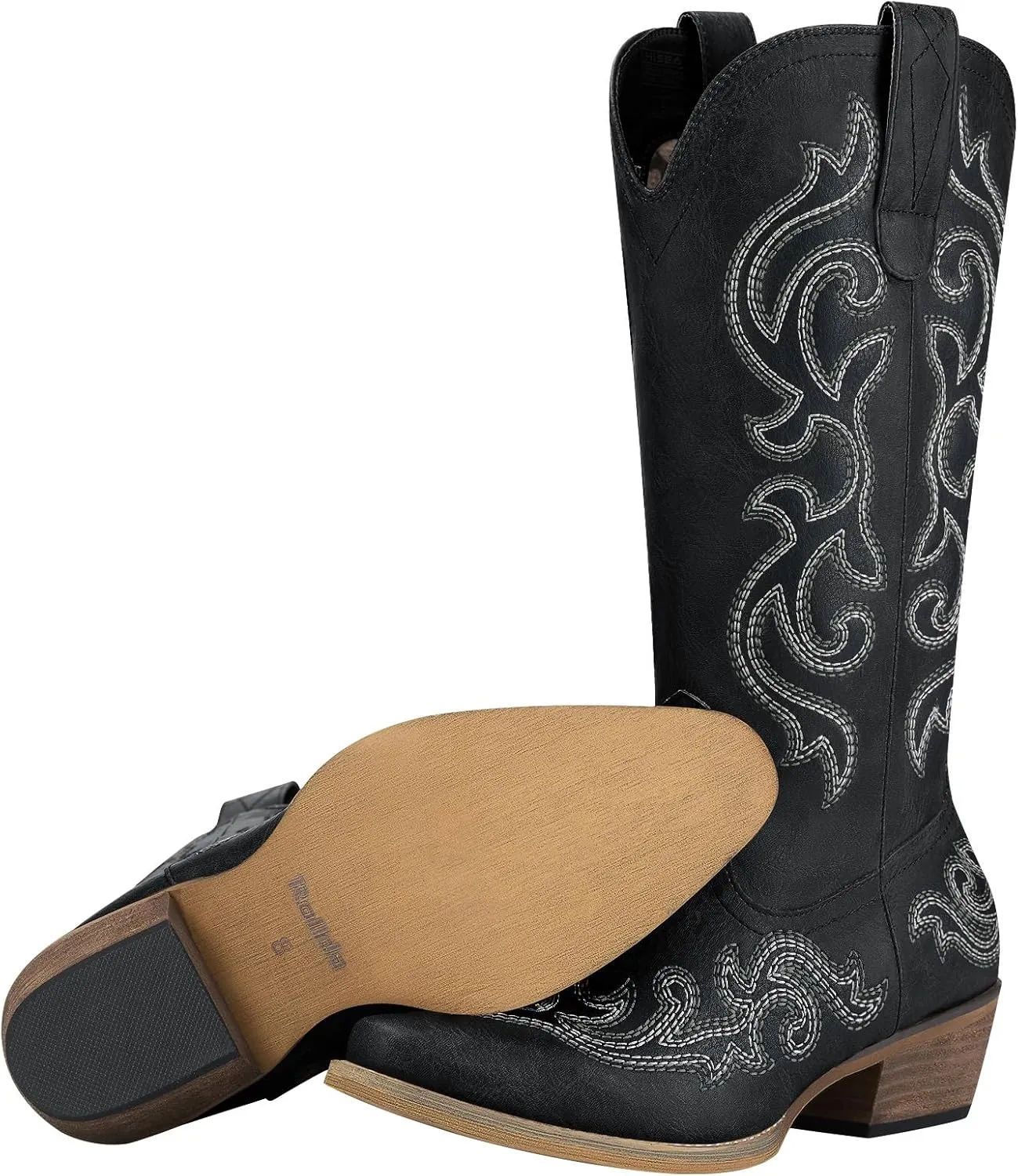 HISEA Rollda Cowboy Boots for Women Western Cowgirl Boots with Chunky Heel Ladies Snip Toe Mid-Calf Boots