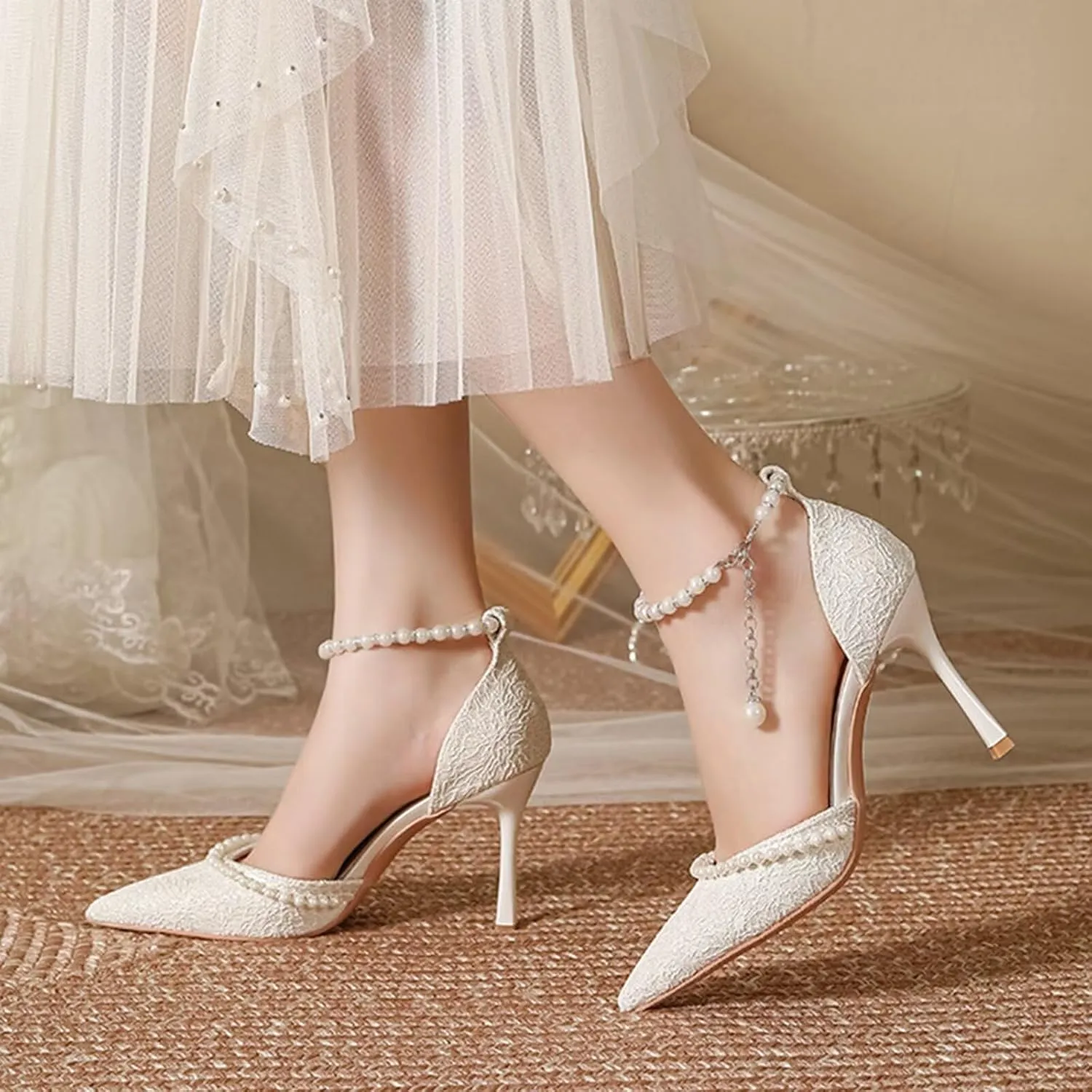 HNVAVQ Womens Stiletto Pointed Toe Pumps Ankle Strap Court Shoes Pearls High Heels Sexy Party Shoes for Weddings Bride Formal