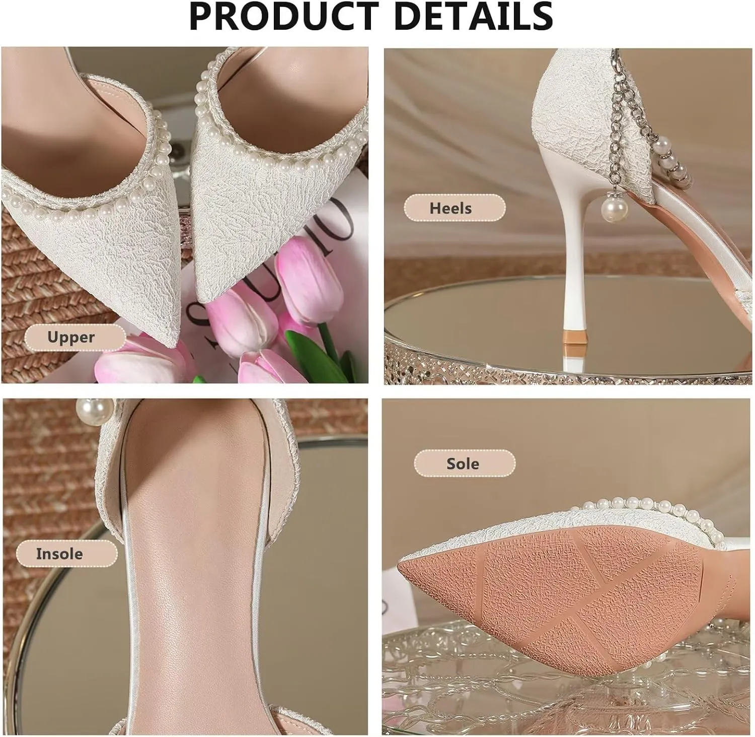 HNVAVQ Womens Stiletto Pointed Toe Pumps Ankle Strap Court Shoes Pearls High Heels Sexy Party Shoes for Weddings Bride Formal