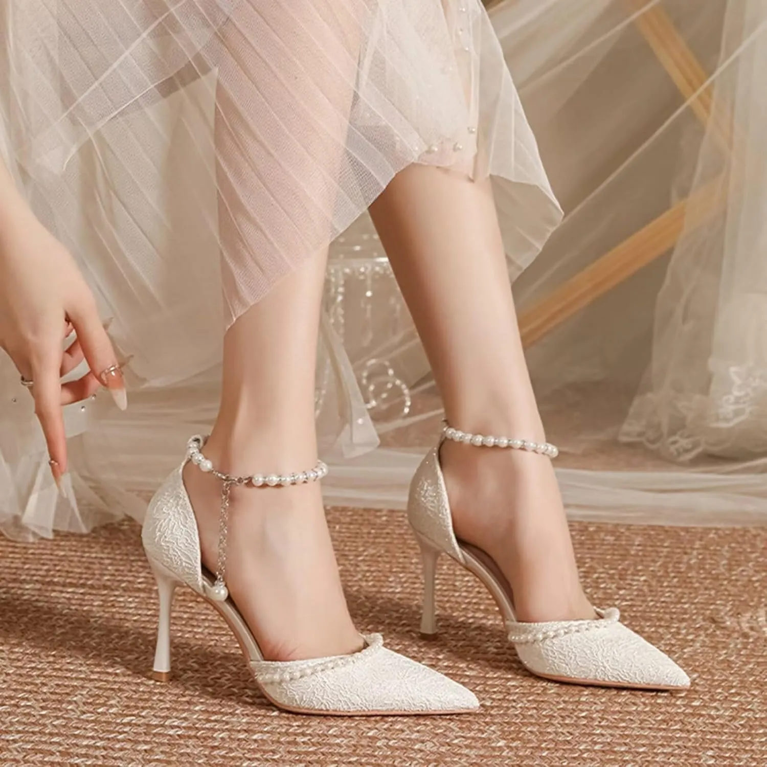 HNVAVQ Womens Stiletto Pointed Toe Pumps Ankle Strap Court Shoes Pearls High Heels Sexy Party Shoes for Weddings Bride Formal