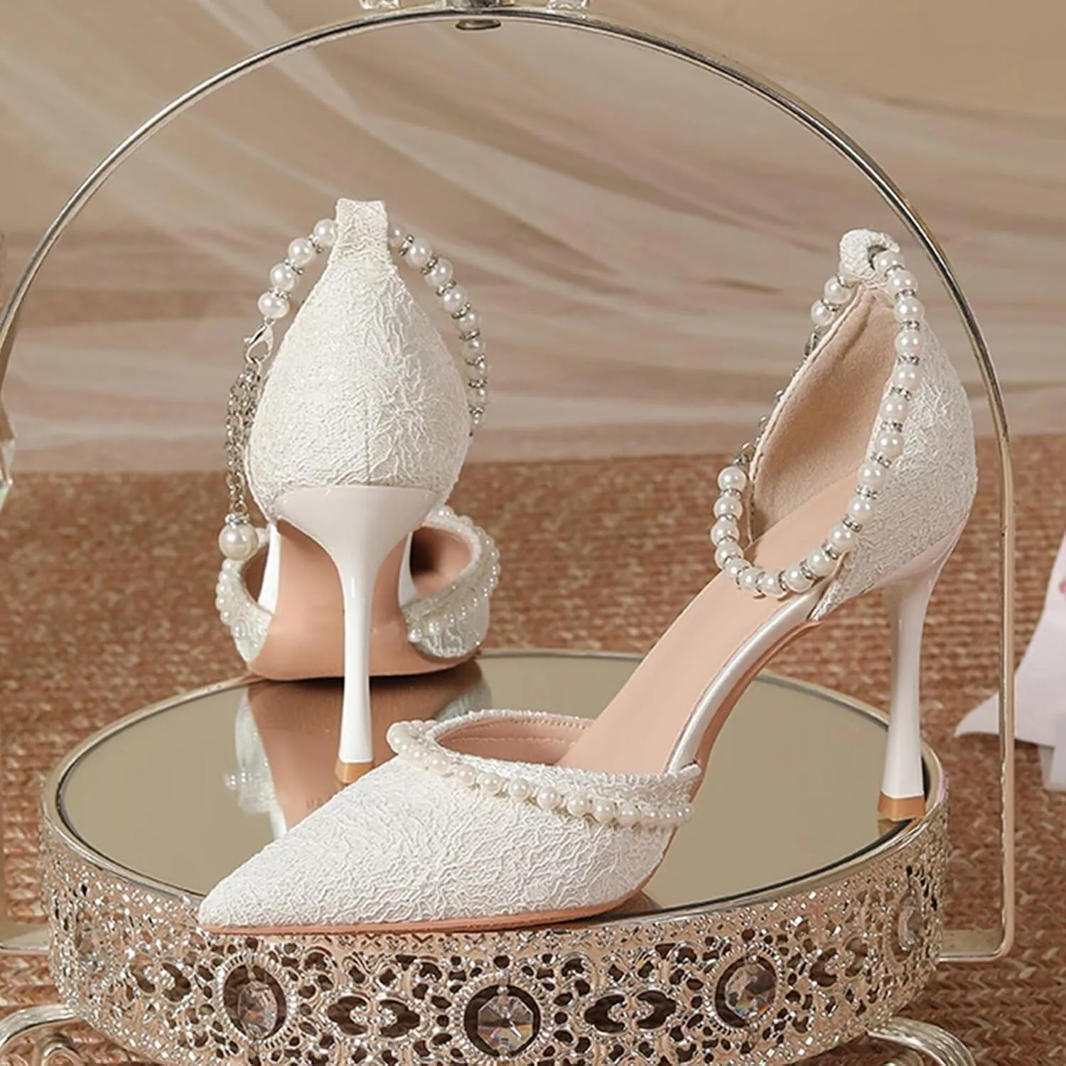 HNVAVQ Womens Stiletto Pointed Toe Pumps Ankle Strap Court Shoes Pearls High Heels Sexy Party Shoes for Weddings Bride Formal