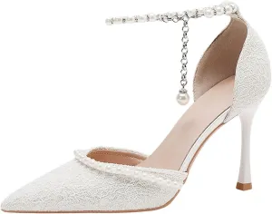 HNVAVQ Womens Stiletto Pointed Toe Pumps Ankle Strap Court Shoes Pearls High Heels Sexy Party Shoes for Weddings Bride Formal