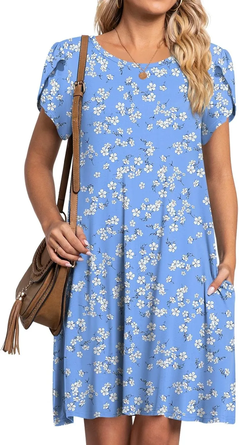 HOTGIFT 2025 Womens Dress Summer Short Sleeve Crewneck Sundress with Pockets M-4XL