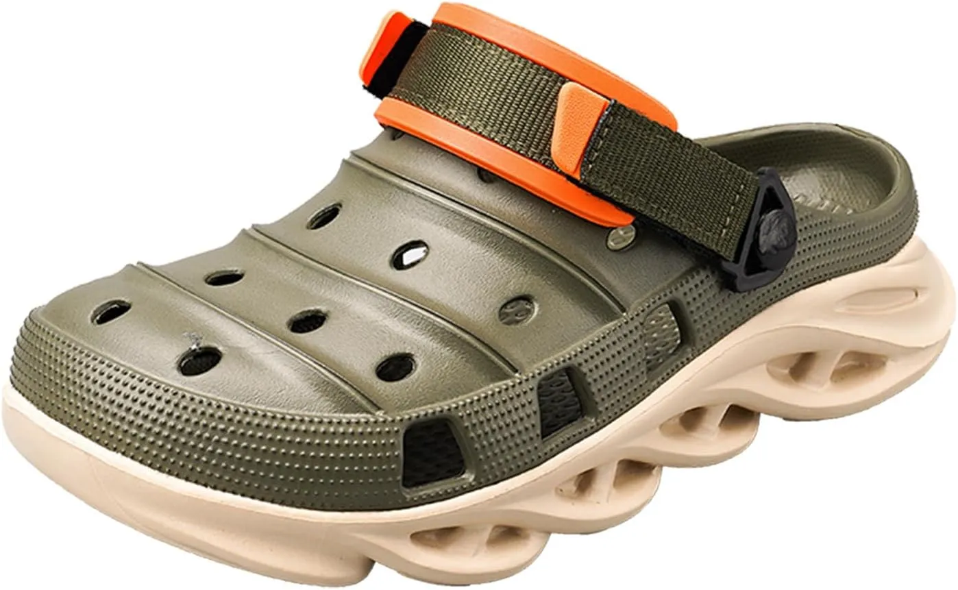 ihinzry Men's Garden Clogs Non-Slip Slides Shoes Water Beach Pool Sandals for Men Two Tones Outdoor Slippers with Adjustable Strap